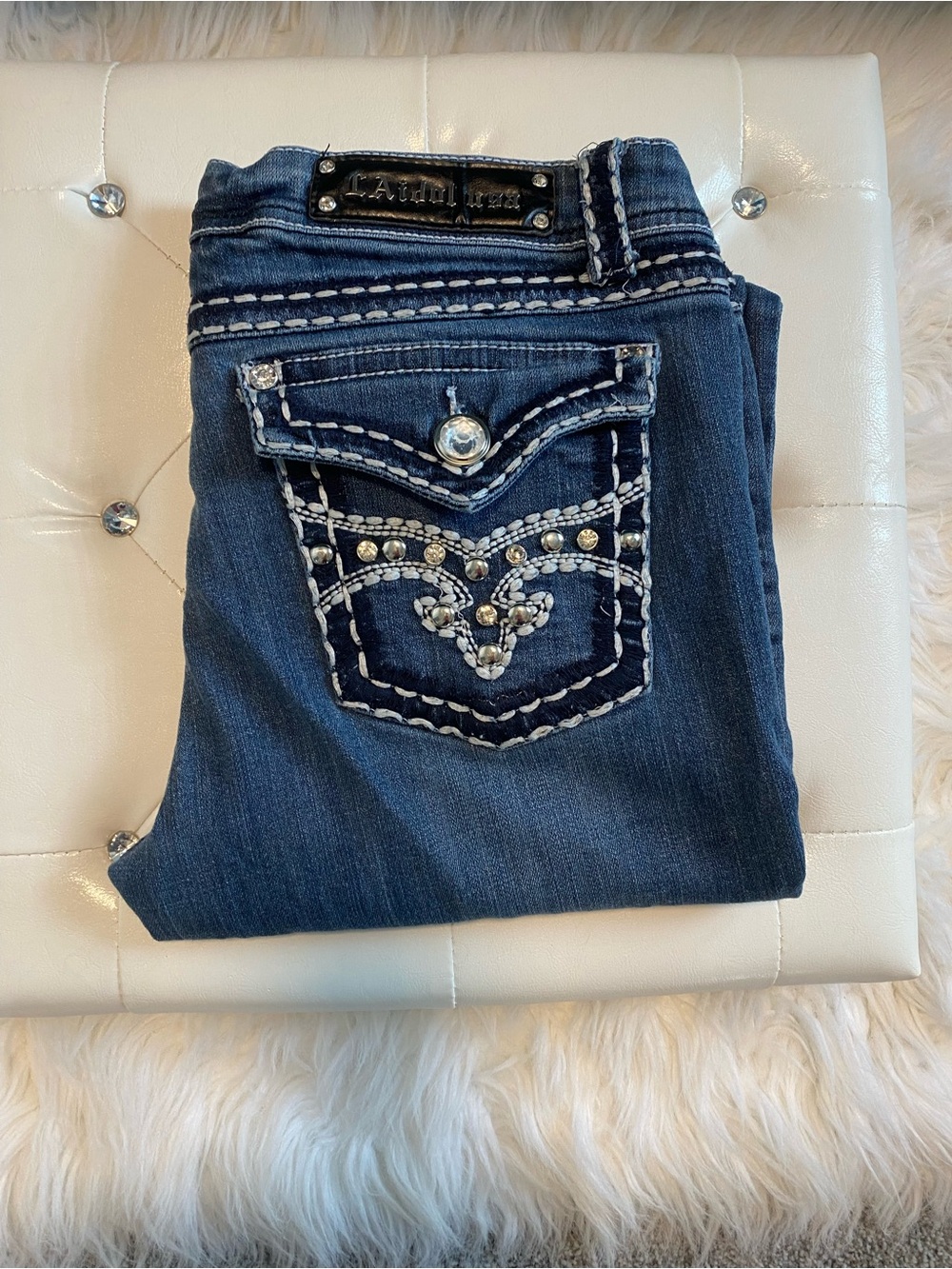 L.A. Idol Dark Blue Boot Cut Capris  with Rhinestone Back Pockets